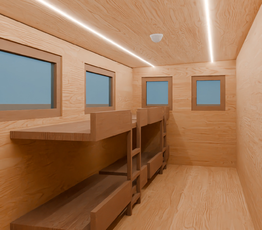 Visualisierung eines FoldPod Innenraums mit Klappbetten
